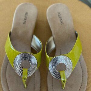 Alfani Greenish Yellow Thong Sandals with Silver Disk in Center